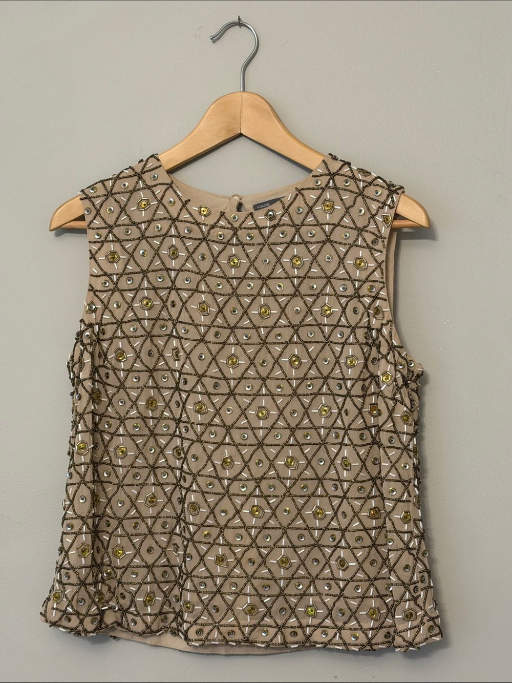 Vince Sleeveless Geometric Beaded Sequin Top Taupe Gold & Silver Sparkle small